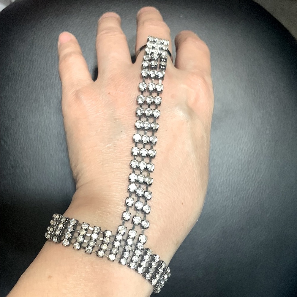 Black Rhinestone Bracelet with ring attached #216